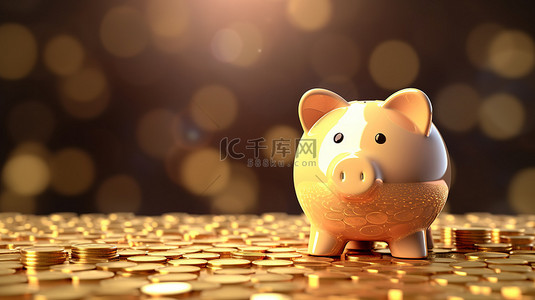 储蓄背景图片_象征储蓄的存钱罐和金币的 3D 渲染