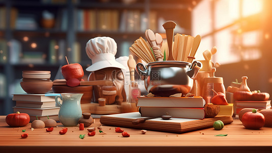 烹饪教育背景厨师帽和 3D 渲染插图中的烹饪学习