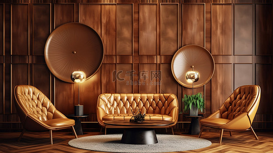 装饰艺术风格的起居室设计师椅子和带装饰圆圈的皮革墙创造了 3D 渲染的完美休息区