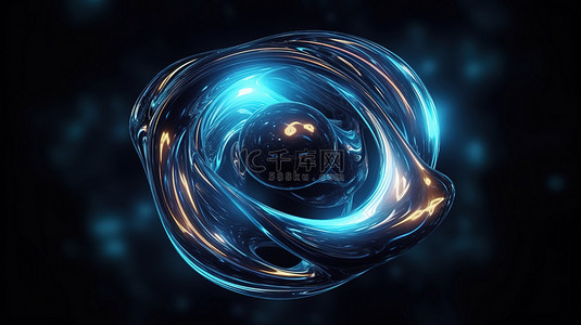 宇宙运动中蓝色液体球体的豪华 3D 插图，黑色背景，非常适合现代和宇宙模板