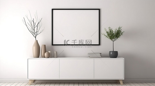 创意生活设计海报背景图片_白色餐具柜相框模型和镜面墙 3D 渲染插图