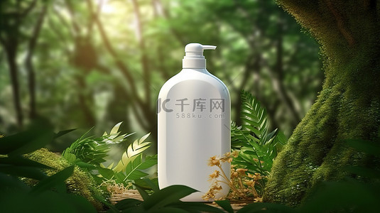 在风景优美的户外环境中展示清爽的天然化妆品，配有白色洗发水瓶 3D 图形