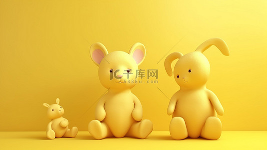 可爱的毛绒玩具熊和兔子在充满活力的黄色背景下以 3D 渲染插图展示