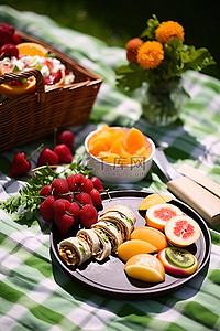 水果沙拉背景图片_野餐毯上放着水果和沙拉的野餐盘