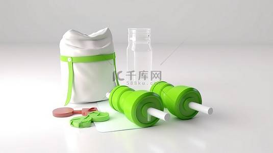 用于整体生长和身体健康的运动营养的 3D 渲染哑铃食品袋和杯子