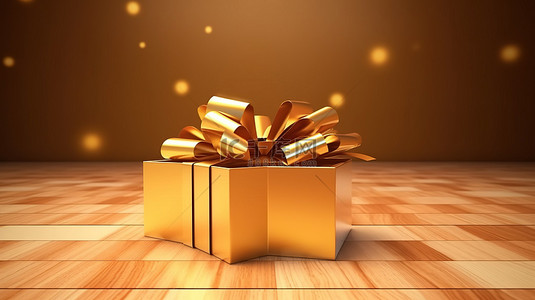 木质背景的 3D 渲染与打开的金丝带礼品盒