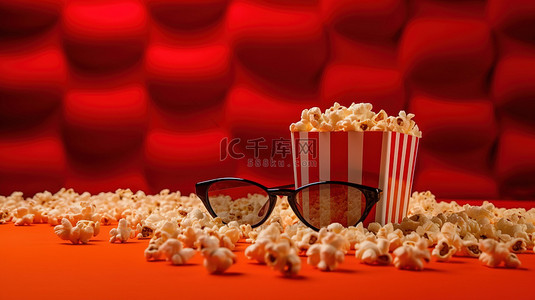 电影背景图片_娱乐主题 3D 眼镜和红色背景上的爆米花，带有电影背景的复制空间
