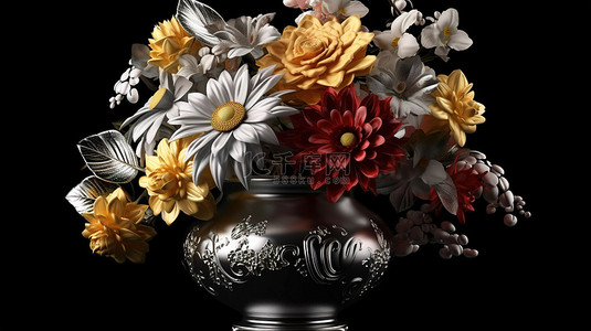 黄黑背景图片_墙壁装饰数字艺术绘画彩色花束鲜花和 3D 黑色金色和银色花瓶