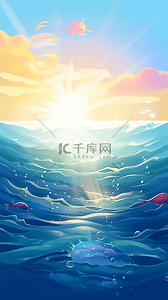 蓝天白云日出海水海浪卡通广告背景