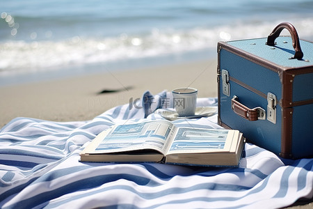 它在海滩上的毛巾旁边展示了一本书