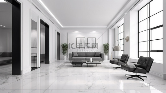 现代生活空间 时尚办公大厅和简约白墙客厅的 3D 效果图