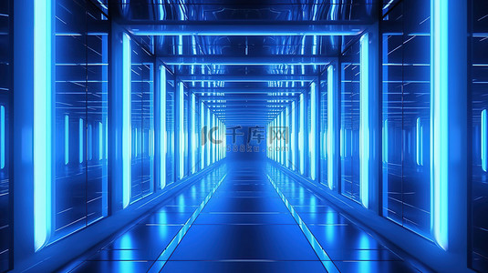 冷感背景图片_走廊的未来派 3D 渲染，用冷蓝色霓虹灯照亮