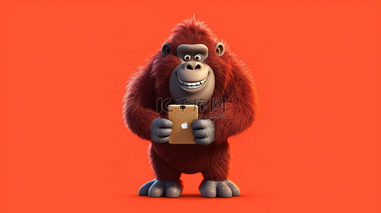 人物插画背景图片_可爱的 3D 大猩猩，拿着手机，有幽默感