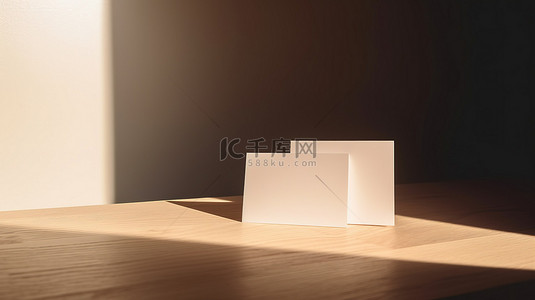 带有空白名片的木桌在 3D 插图渲染中的墙壁背景上模拟了阳光明媚的阴影