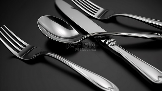 灰色背景上配有金属叉勺和刀的餐具的 3D 插图