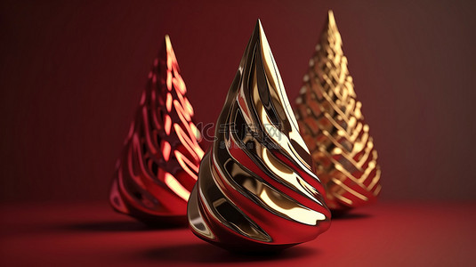 金色金属红色锥形圣诞树 3d 渲染抽象节日装饰