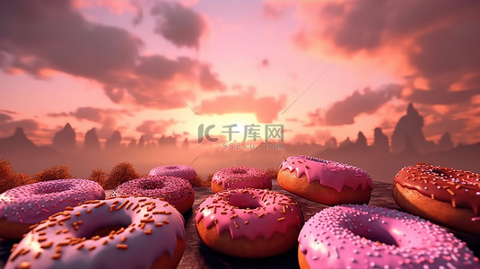 使用 3D 渲染创建的粉红色天空中的卡通甜甜圈