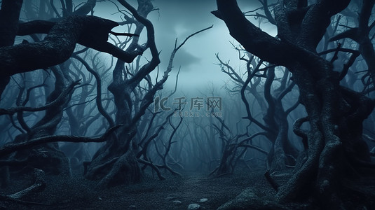 神秘森林中心扭曲弯曲树木的怪异 3D 数字插图
