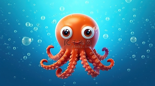 3D 渲染可爱的卡通章鱼，周围环绕着气泡和一颗孤立在水中的小星星