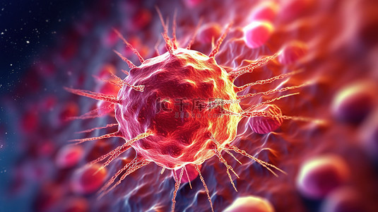 抽象背景下医学癌症概念中 T 细胞和癌细胞的 3D 插图
