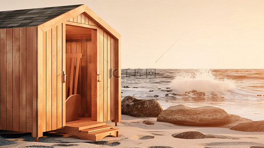 度假沙滩背景图片_海边沙滩上经典木制红外芬兰桑拿小屋的 3D 渲染近距离