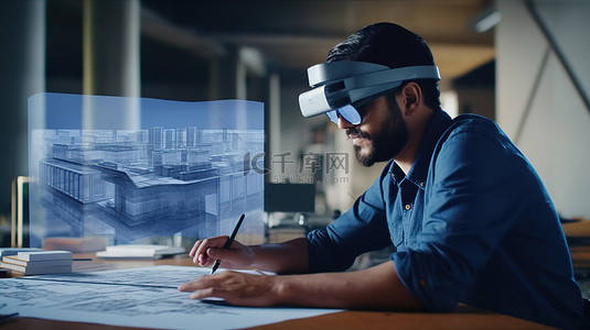 男性工程师坐在办公桌前做手势，使用 VR 设备设计 3D 建筑模型