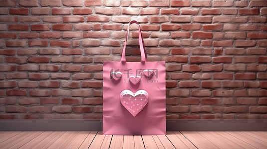 纸袋装饰背景图片_心形装饰的粉色购物袋靠在砖墙上，空框放大 3D 视图
