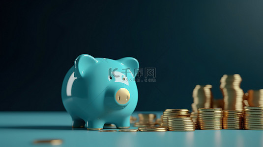 财务背景图片_蓝墙财务规划用 3D 渲染的存钱罐和金币省钱