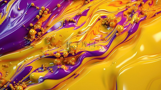 辐射金属闪光注入 3D 插图中描绘的华丽抽象黄紫色液体中