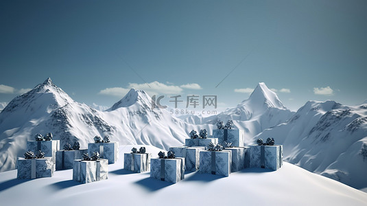 冬天背景图片_令人惊叹的 3D 渲染中的礼品包装雪山