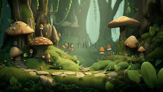 梦幻蘑菇背景图片_森林蘑菇树石头背景