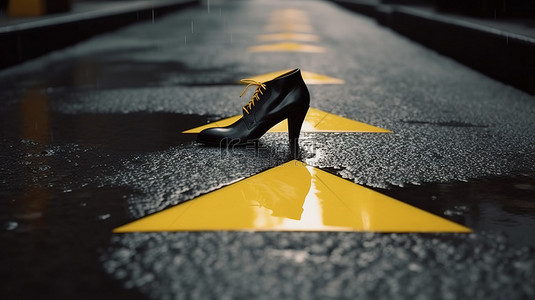 黑色皮鞋放在街上，带有 3d 渲染的黄色箭头标志