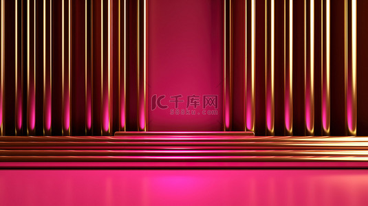 奢华产品展示在最小的霓虹粉红色几何背景上，具有 3D 效果和金色线条，引人注目的壁纸设计