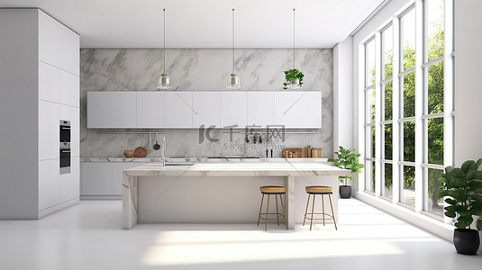 现代奢华的厨房设计，在 3D 渲染的原始台面上有充足的空白