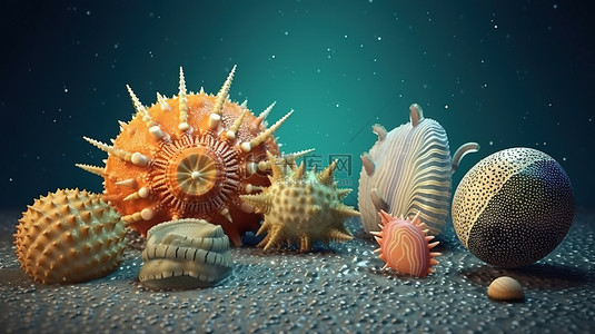 海洋生物背景海胆贝壳鲤鱼和珊瑚组的 3D 渲染