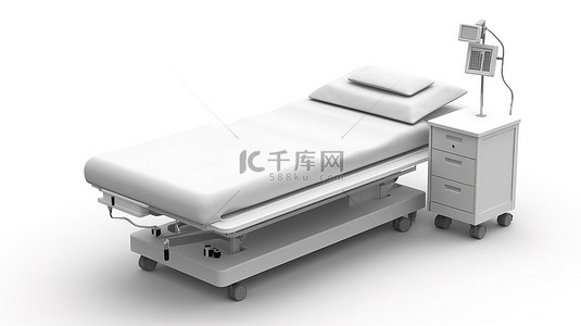 护理医院背景图片_革命性的医院病床，配有先进的电子控制系统滴管和带有阴影的白色背景的桌子 3D 渲染