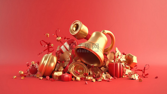 圣诞礼物背景图片_带有礼盒铃和松叶的节日圣诞场景的 3d 渲染