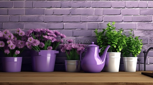 花和叶背景图片_迷人的 3D 渲染紫色花和砖背景上的厨房