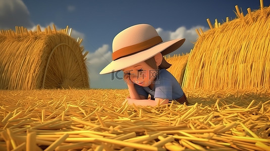 开心的农民背景图片_一个戴着草帽的年轻农民照料庄稼的 3D 插图