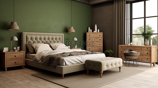 橄榄logo背景图片_3D 渲染别致的卧室，配有橄榄色墙壁大窗户和木制家具，采用经典的现代设计