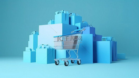 网店设计背景图片_尖端购物概念蓝色背景 3D 渲染，配备装有购物袋送货箱的购物车和适合电子商务在线商店横幅设计的电脑