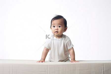 背景年轻背景图片_一个年轻的亚洲婴儿站在白色背景的布上