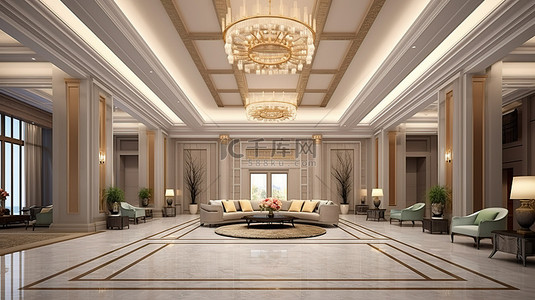1 华丽的酒店大堂入口和休息区的 3D 渲染