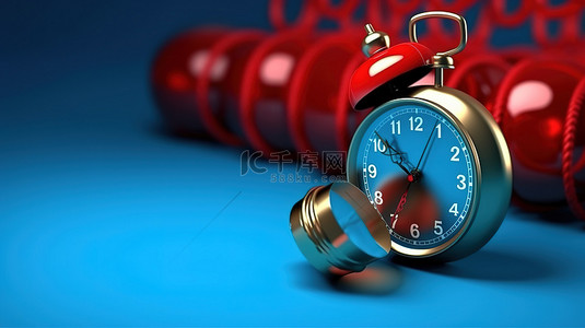 蓝色日历组织者的 3D 渲染，其圆环和每周列表对齐，悬停在红色手表和铃声附近