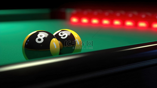 游戏背景图片_台球桌的 3D 渲染，八个球在运动