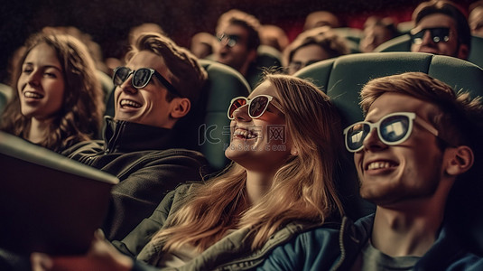 一群活泼的年轻朋友戴着 3D 眼镜在电影院享受休闲时光，同时观看激动人心的动作电影