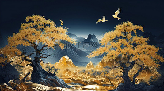 鸟类背景图片_深蓝色背景上的金树和山艺术壁画壁纸，带有 3D 金色波浪和鸟类