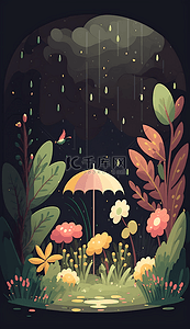 花卉小花背景图片_小花雨点植物雨中可爱的花园卡通风格的背景