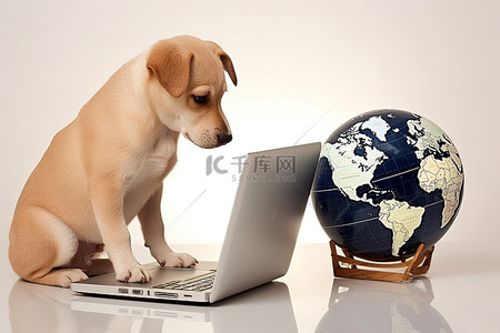 使用笔记本电脑和世界地球仪的小狗
