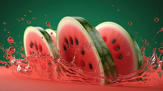 西瓜汁汁背景图片_带有甜美切片的 3d 西瓜横幅展示了这种美味水果的新鲜多汁果汁